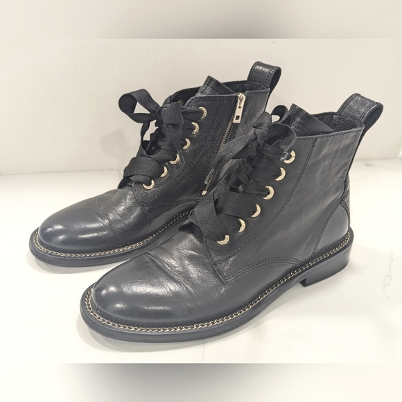 Zadig & Voltaire Laureen women's black Leather Combat zip gold chain Boots sz 41 - Picture 1 of 11